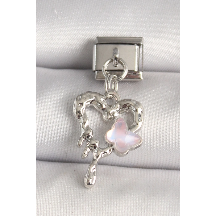 316L Çelik Gümüş Renk Kalp Pembe Mineli Kelebek Detay Nomination Charm