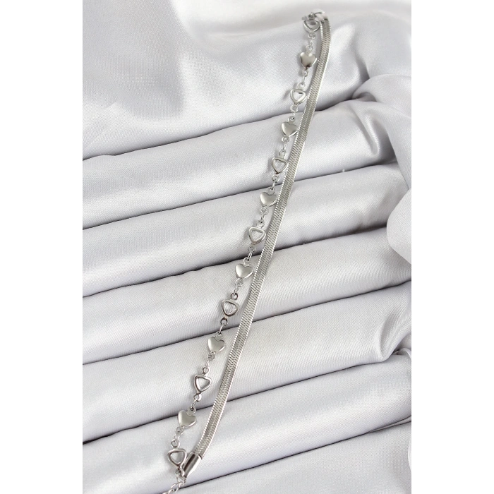 316L Çelik Gümüş Renk Kalpli Zincir ve İtalyan Zincirli 2li Kadın Bileklik