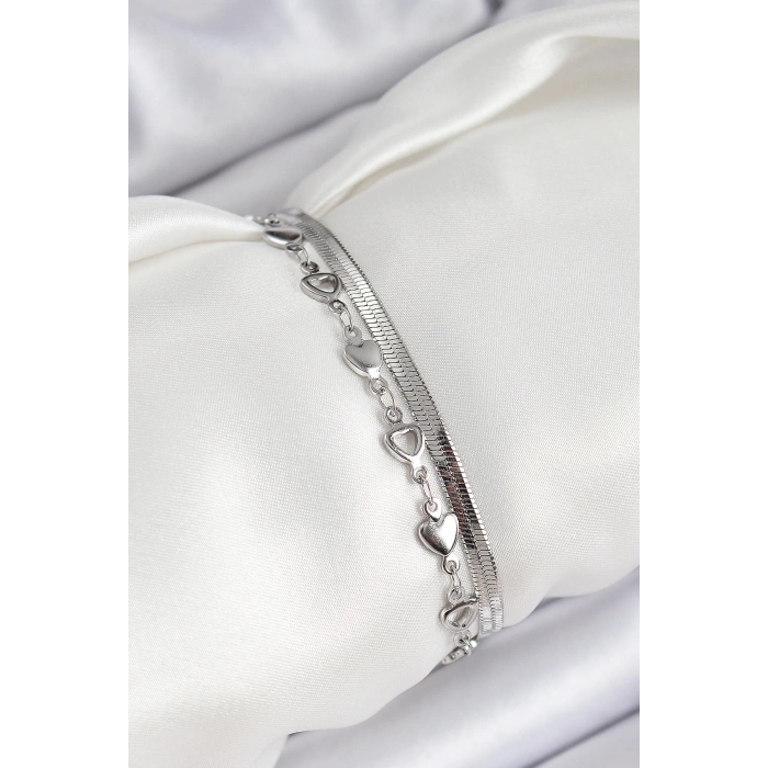 316L Çelik Gümüş Renk Kalpli Zincir ve İtalyan Zincirli 2li Kadın Bileklik