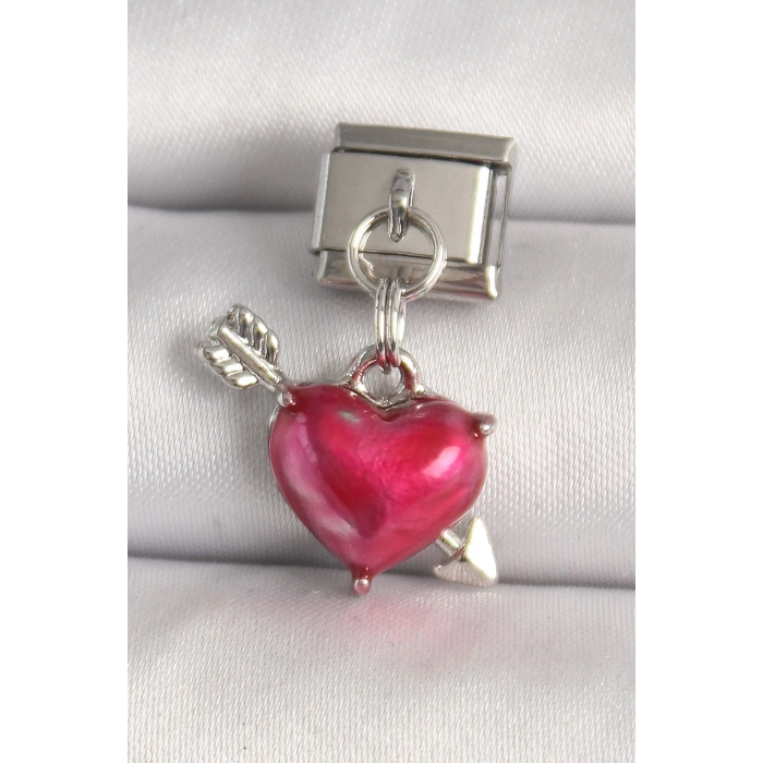 316L Çelik Gümüş Renk Kırmızı Kalp ve Ok Model Nomination Charm