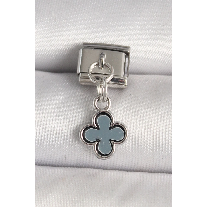 316L Çelik Gümüş Renk Lacivert Mineli Yonca Model Nomination Charm