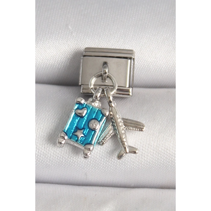 316L Çelik Gümüş Renk Mavi Bavul Uçak Model Nomination Charm