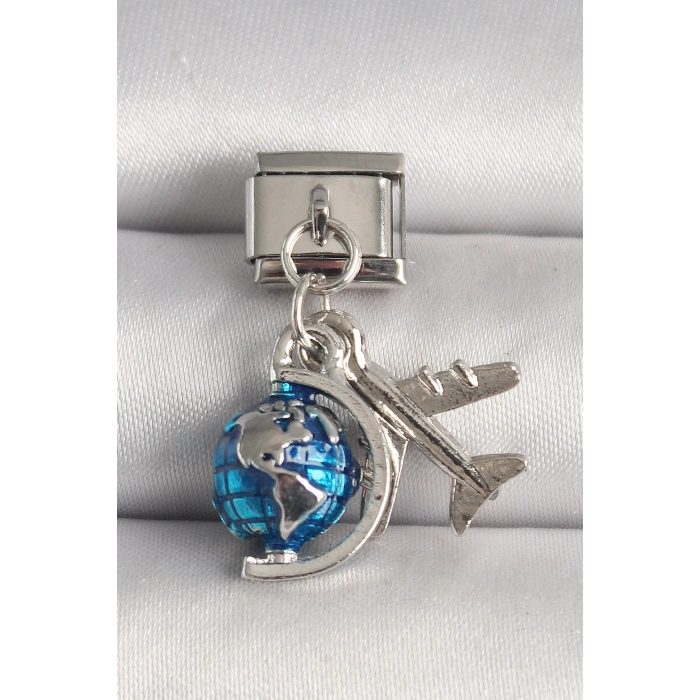 316L Çelik Gümüş Renk Mavi Dünya Uçak Model Nomination Charm