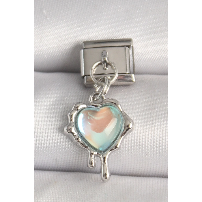 316L Çelik Gümüş Renk Mavi Hologram Mineli Eriyen Kalp Model Nomination Charm