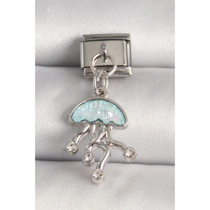 316L Çelik Gümüş Renk Mavi Mineli Deniz Anası Model Zirkon Taş Detaylı Nomination Charm