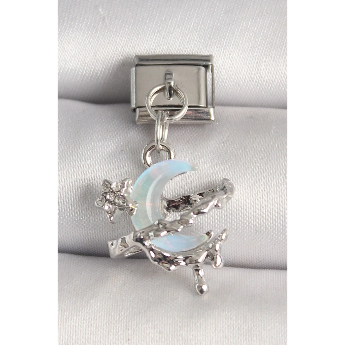 316L Çelik Gümüş Renk Mavi Mineli Hilal Model Nomination Charm