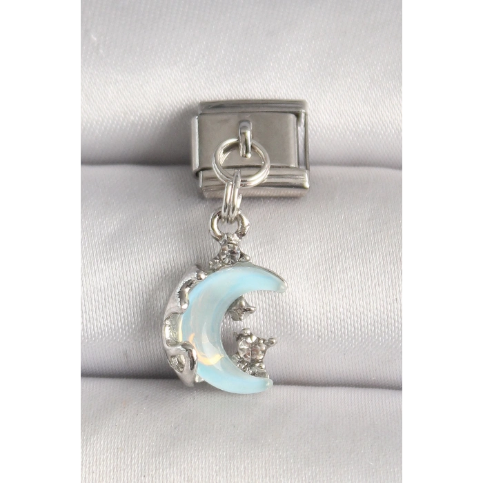 316L Çelik Gümüş Renk Mavi Mineli Hilal Model Zirkon Taş Detay Nomination Charm