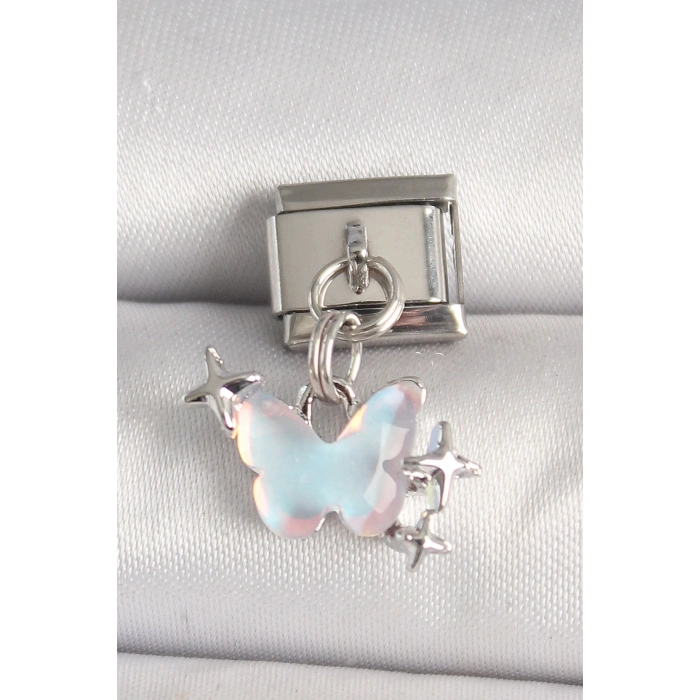 316L Çelik Gümüş Renk Mavi Mineli Kelebek Model Yıldız Detay Nomination Charm