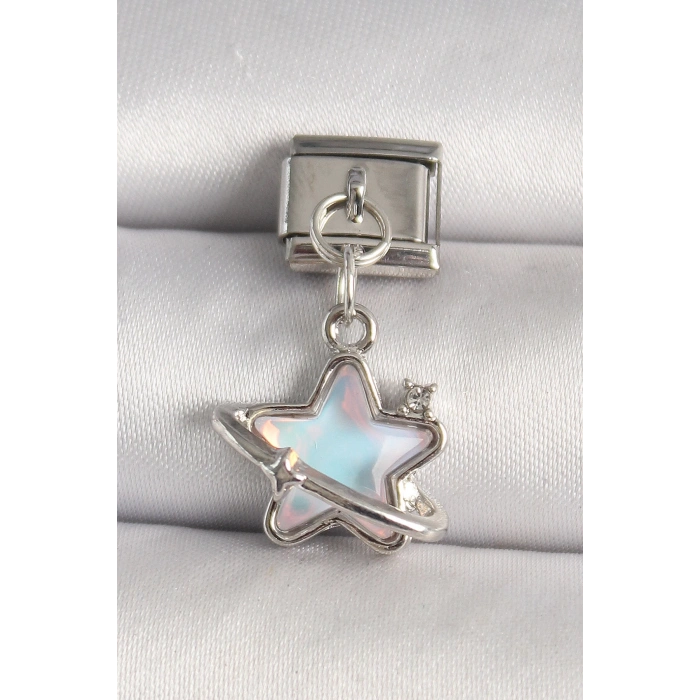 316L Çelik Gümüş Renk Mavi Mineli Yıldız Model Zirkon Taş Detay Nomination Charm