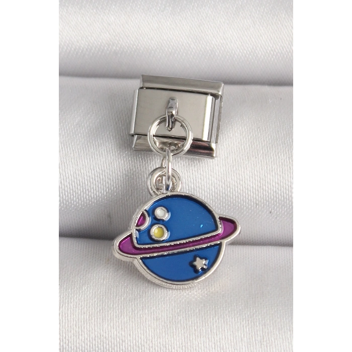 316L Çelik Gümüş Renk Mavi Satürn Model Nomination Charm
