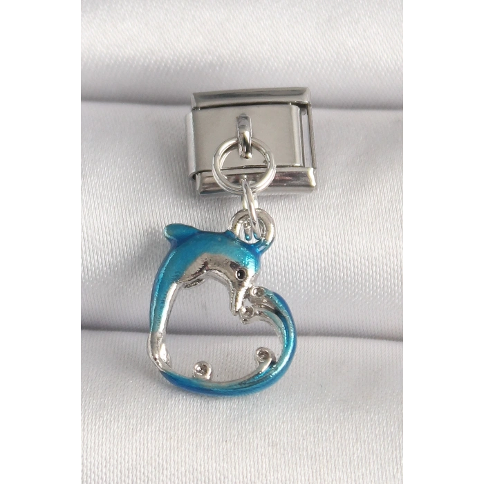 316L Çelik Gümüş Renk Mavi Yunus Model Nomination Charm