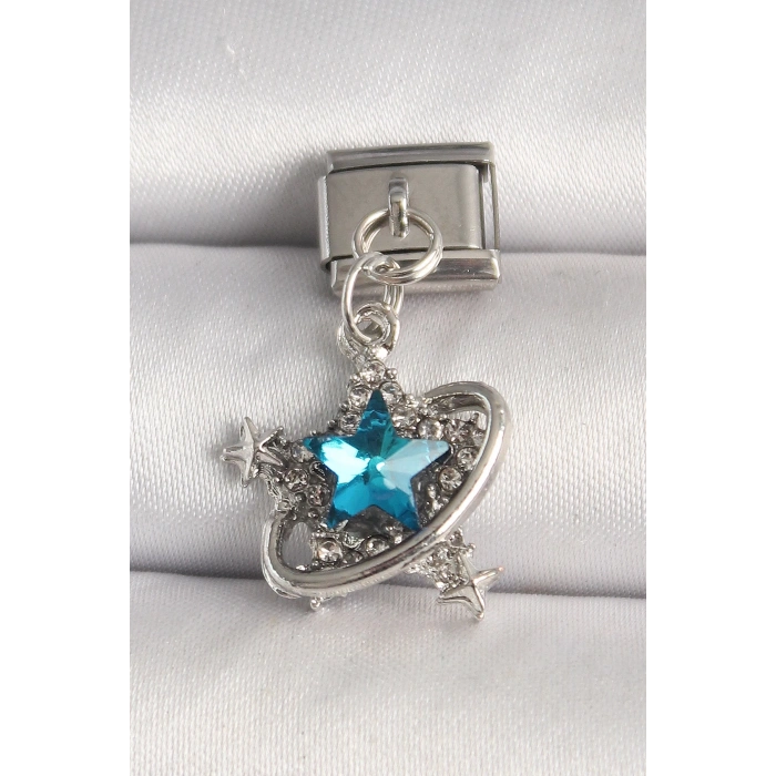 316L Çelik Gümüş Renk Mavi Zirkon Taşlı Yıldız Model Nomination Charm
