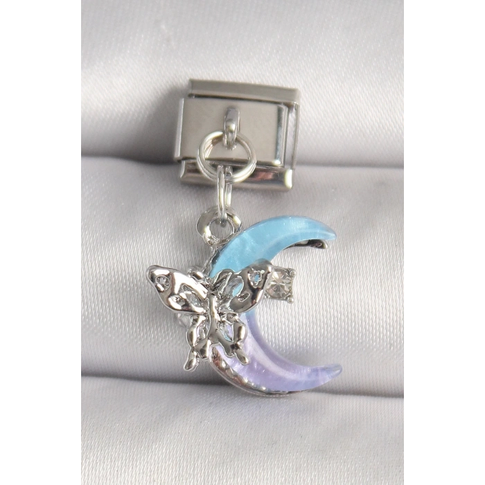 316L Çelik Gümüş Renk Mor Mavi Mix Mineli Hilal Kelebek Figür Zirkon Taş Detaylı Nomination Charm