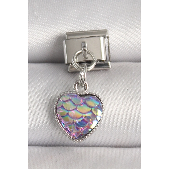 316L Çelik Gümüş Renk Mor Pullu Kalp Model Nomination Charm