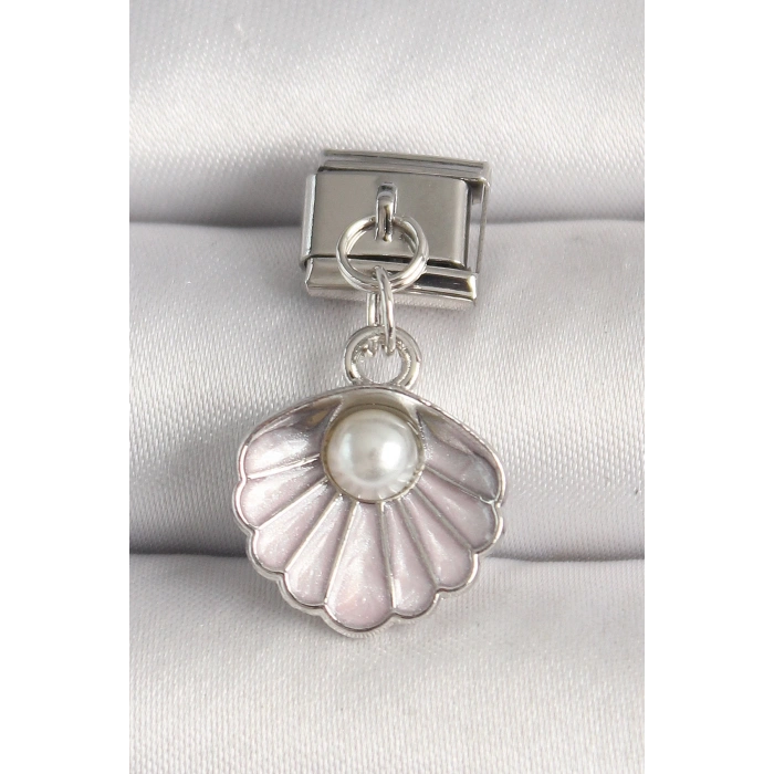 316L Çelik Gümüş Renk Pembe Deniz Kabuğu Model İnci Detay Nomination Charm