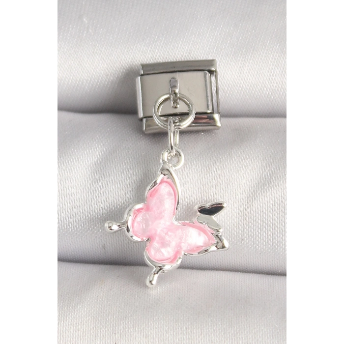 316L Çelik Gümüş Renk Pembe Kelebek Model Kelebek Detay Nomination Charm