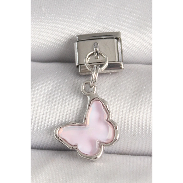 316L Çelik Gümüş Renk Pembe Kelebek Model Nomination Charm