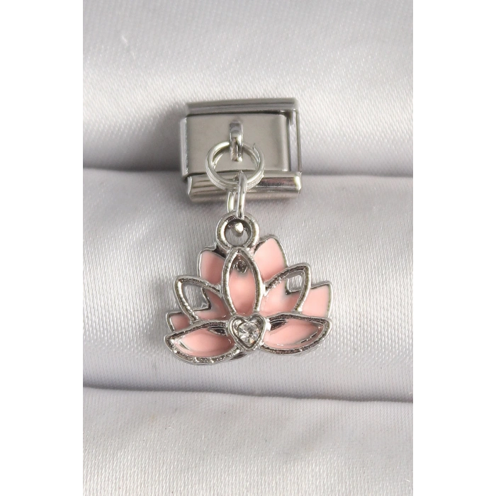 316L Çelik Gümüş Renk Pembe Lotus Model Zirkon Taş Detaylı Nomination Charm