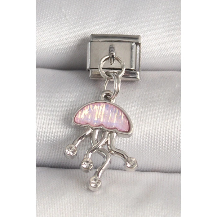 316L Çelik Gümüş Renk Pembe Mineli Deniz Anası Model Zirkon Taş Detaylı Nomination Charm