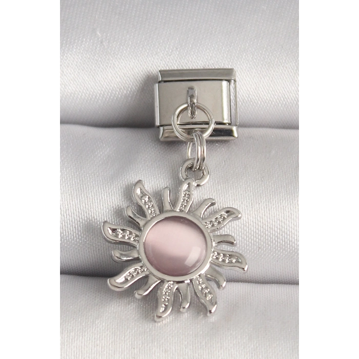 316L Çelik Gümüş Renk Pembe Mineli Güneş Model Nomination Charm
