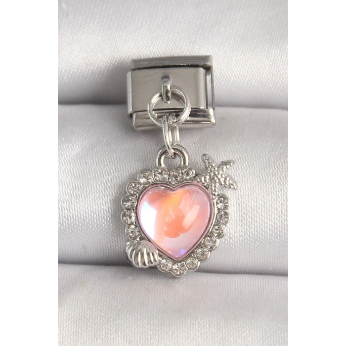316L Çelik Gümüş Renk Pembe Mineli Kalp Model Deniz Yıldız Detay Nomination Charm