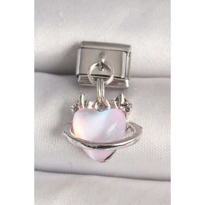 316l Çelik Gümüş Renk Pembe Mineli Kalp Model Nomination Charm
