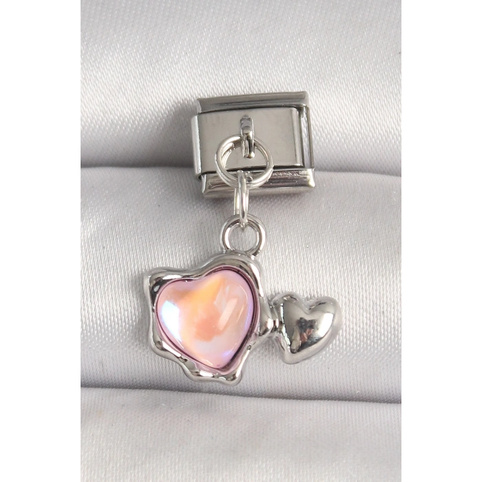 316L Çelik Gümüş Renk Pembe Mineli Kalp Model Nomination Charm
