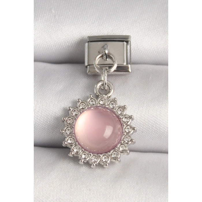 316L Çelik Gümüş Renk Pembe Mineli Zirkon Taşlı Güneş Model Nomination Charm