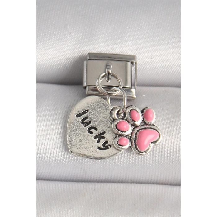 316L Çelik Gümüş Renk Pembe Pati lucky İşlemeli Kalp Model Nomination Charm