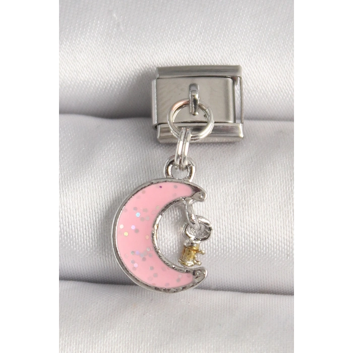316L Çelik Gümüş Renk Pembe Simli Hilal Model Sallantı Detay Nomination Charm
