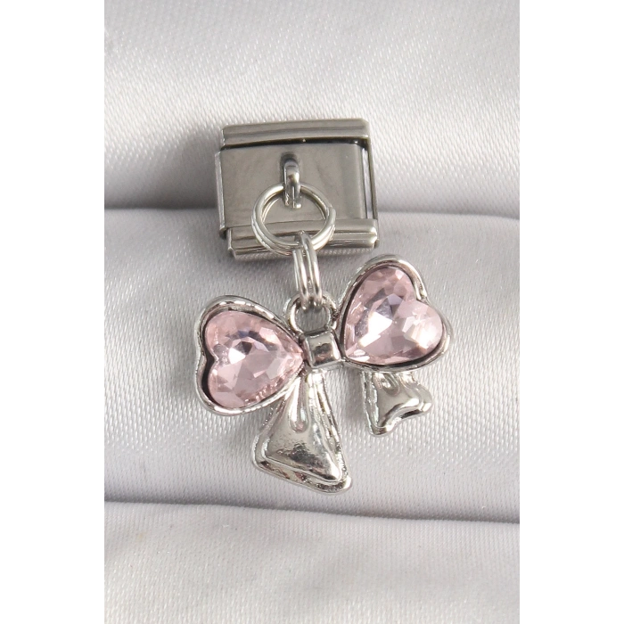 316L Çelik Gümüş Renk Pembe Zirkon Taşlı Fiyonk Model Nomination Charm