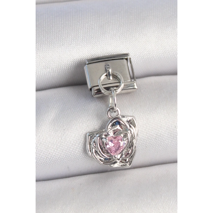 316L Çelik Gümüş Renk Pembe Zirkon Taşlı Kalpli Gül Model Nomination Charm