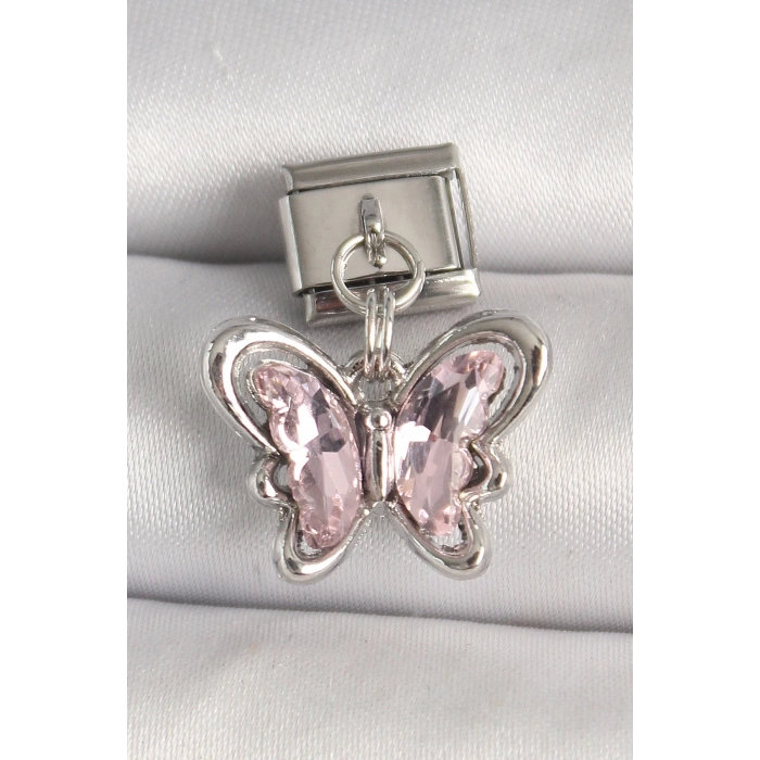 316L Çelik Gümüş Renk Pembe Zirkon Taşlı Kelebek Model Nomination Charm