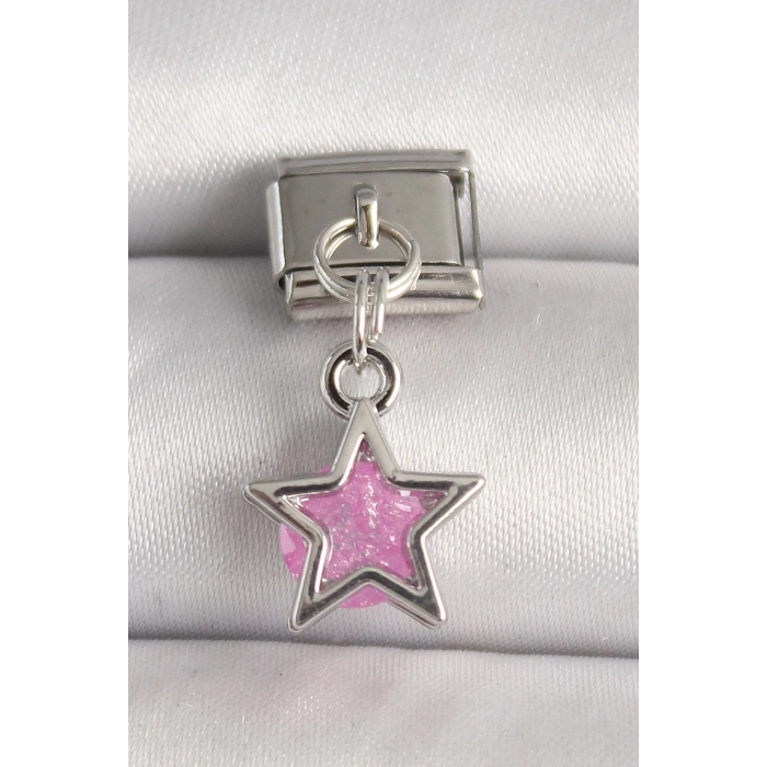 316L Çelik Gümüş Renk Pembe Zirkon Taşlı Yıldız Model Nomination Charm