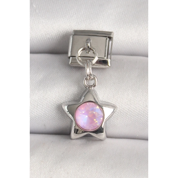 316L Çelik Gümüş Renk Pembe Zirkon Taşlı Yıldız Model Nomination Charm