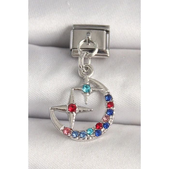 316L Çelik Gümüş Renk Renkli Zirkon Taşlı Yıldız Model Nomination Charm