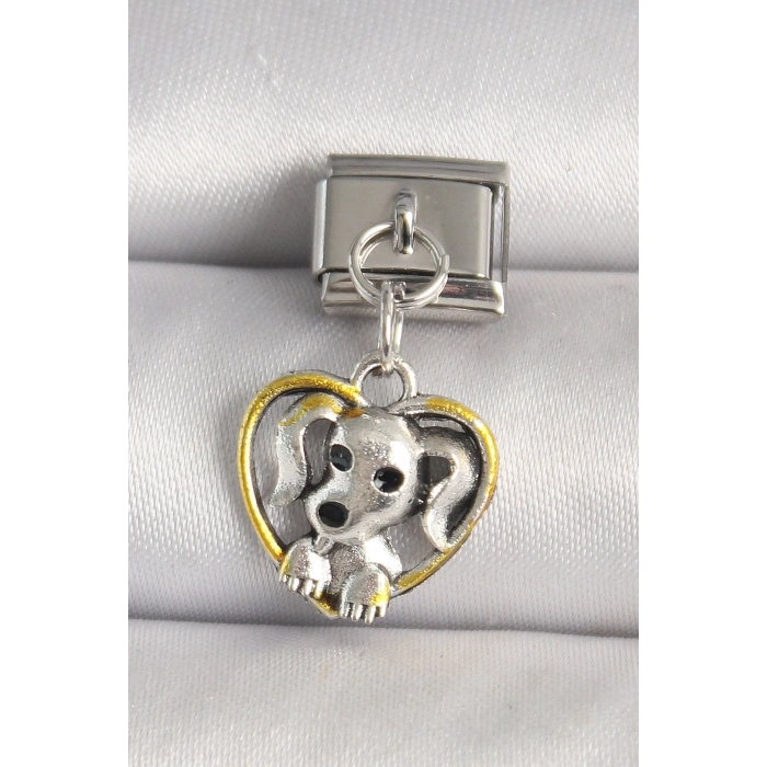 316L Çelik Gümüş Renk Sarı Kalp Köpek Model Nomination Charm