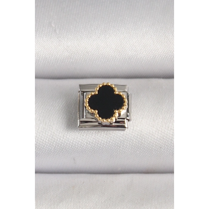 316L Çelik Gümüş Renk Siyah Yonca İşlemeli Nomination Charm