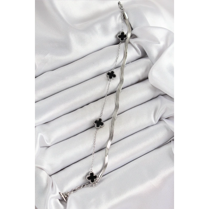 316L Çelik Gümüş Renk Siyah Yoncalı İtalyan Zincirli 2li Kadın Bileklik