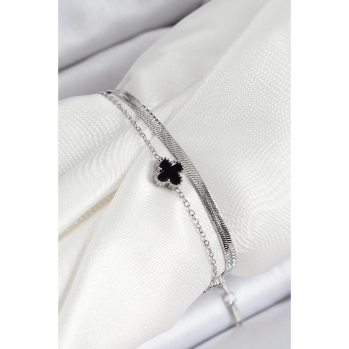 316L Çelik Gümüş Renk Siyah Yoncalı İtalyan Zincirli 2li Kadın Bileklik