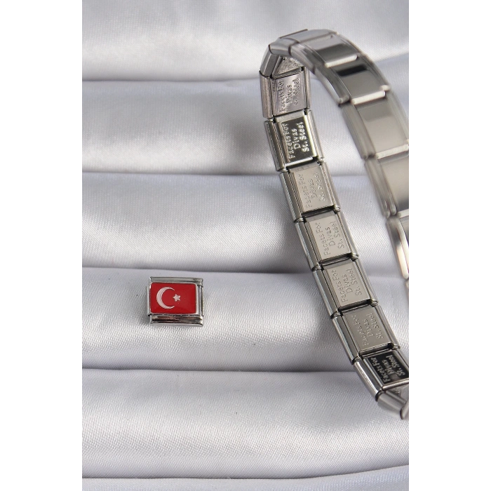 316L Çelik Gümüş Renk Türk Bayrağı İşlemeli Nomination Charm