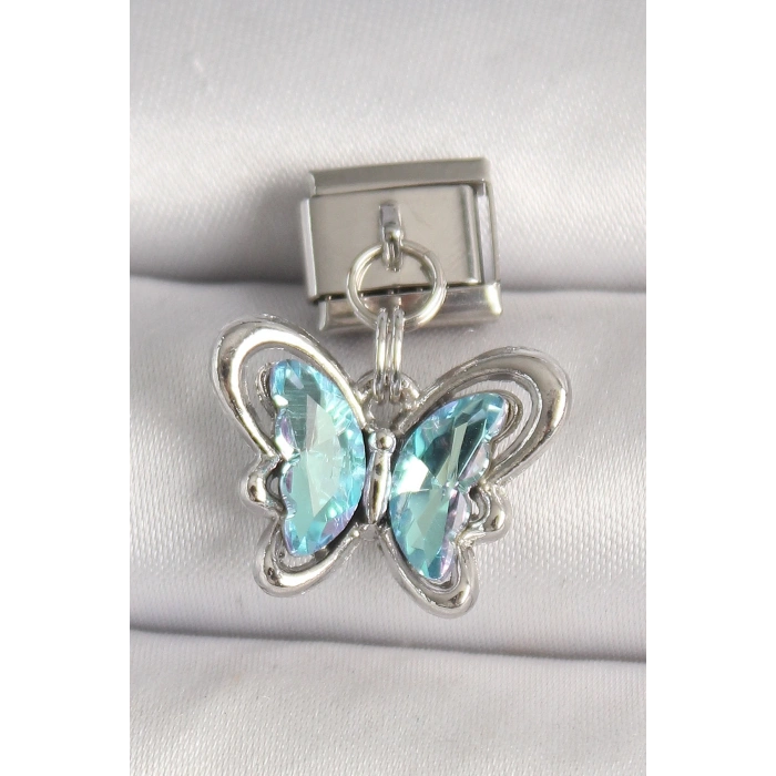 316L Çelik Gümüş Renk Turkuaz Zirkon Taşlı Kelebek Model Nomination Charm