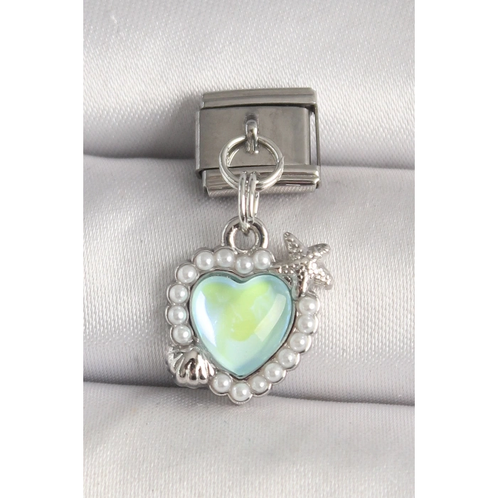 316L Çelik Gümüş Renk Yeşil Mineli Kalp Model Deniz Yıldız Detay Nomination Charm