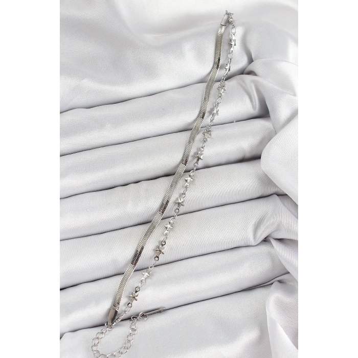 316L Çelik Gümüş Renk Yıldız Zincir ve İtalyan Zincirli 2li Kadın Bileklik