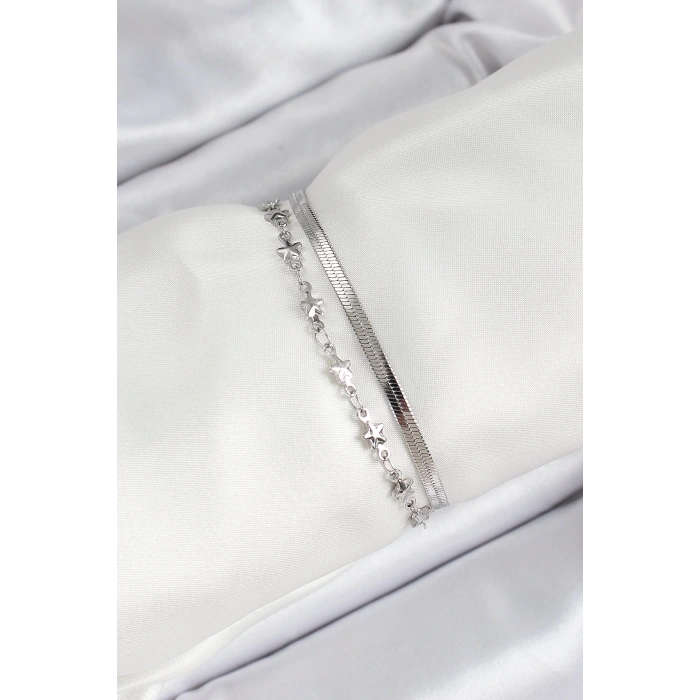316L Çelik Gümüş Renk Yıldız Zincir ve İtalyan Zincirli 2li Kadın Bileklik