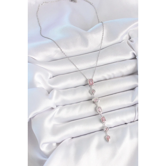 316L Çelik Gümüş Renk Zincir Pembe Zirkon Taşlı Y Model Dekolte Kadın Kolye