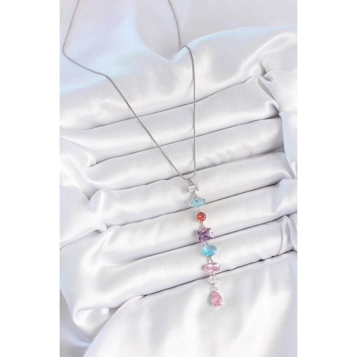 316L Çelik Gümüş Renk Zincir Renkli Zirkon Taşlı Y Model Dekolte Kadın Kolye