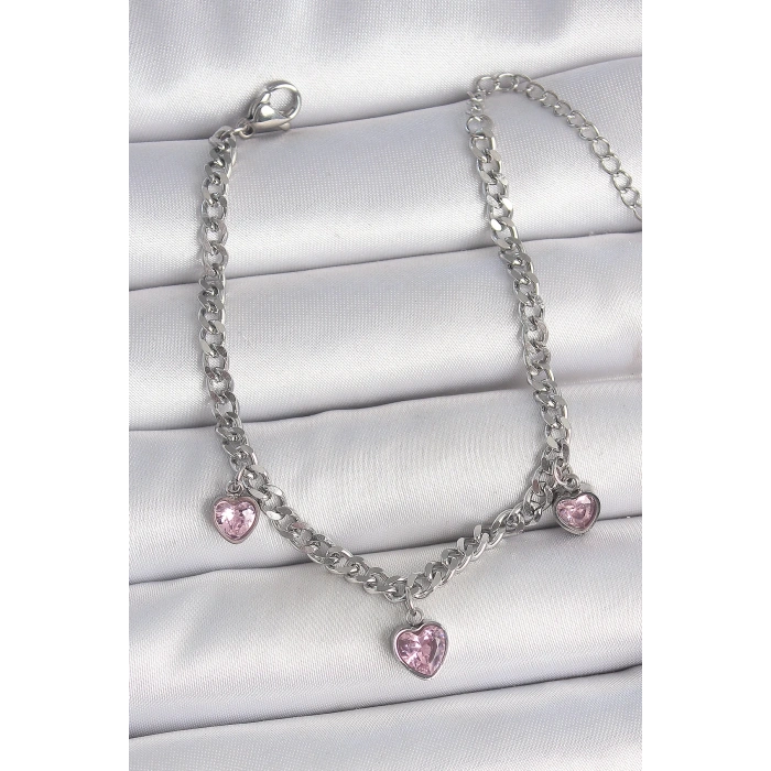 316L Çelik Gümüş Renk Zincir Sallantı Pembe Zirkon Taşlı Kalp Model Kadın Bileklik