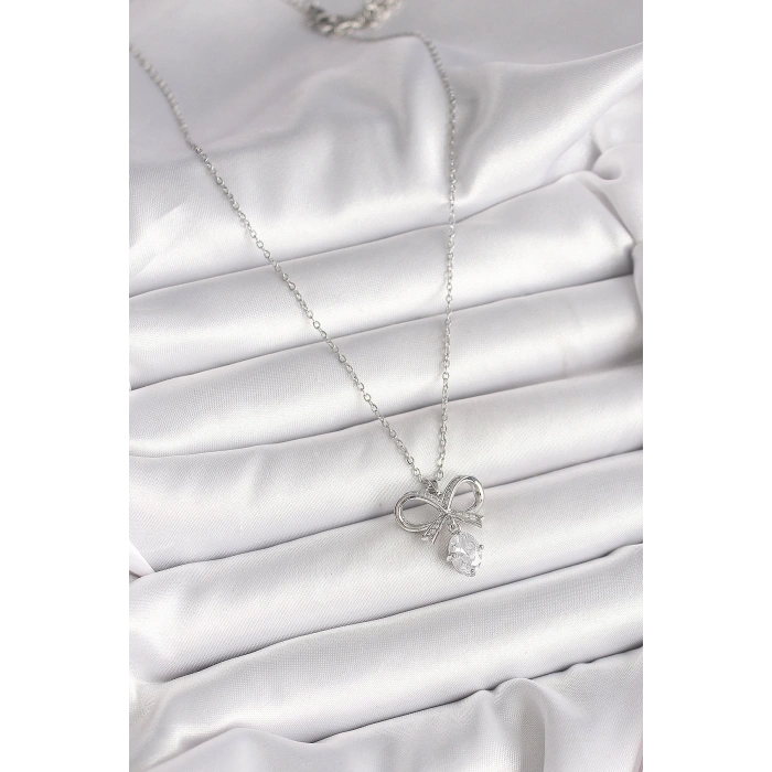 316L Çelik Gümüş Renk Zincir Zirkon Taşlı Kurdele Model Kadın Kolye