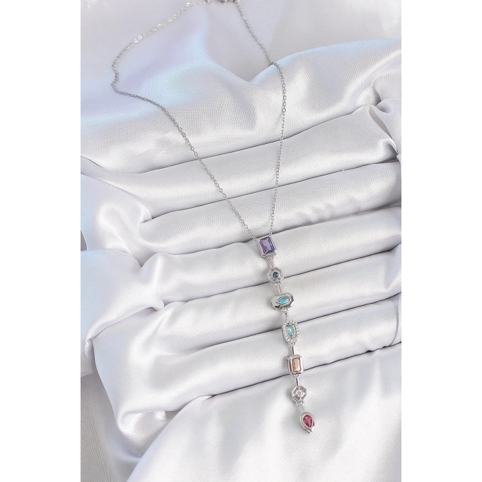 316L Çelik Gümüş Renk Zincir Zirkon Taşlı Y Model Dekolte Kadın Kolye